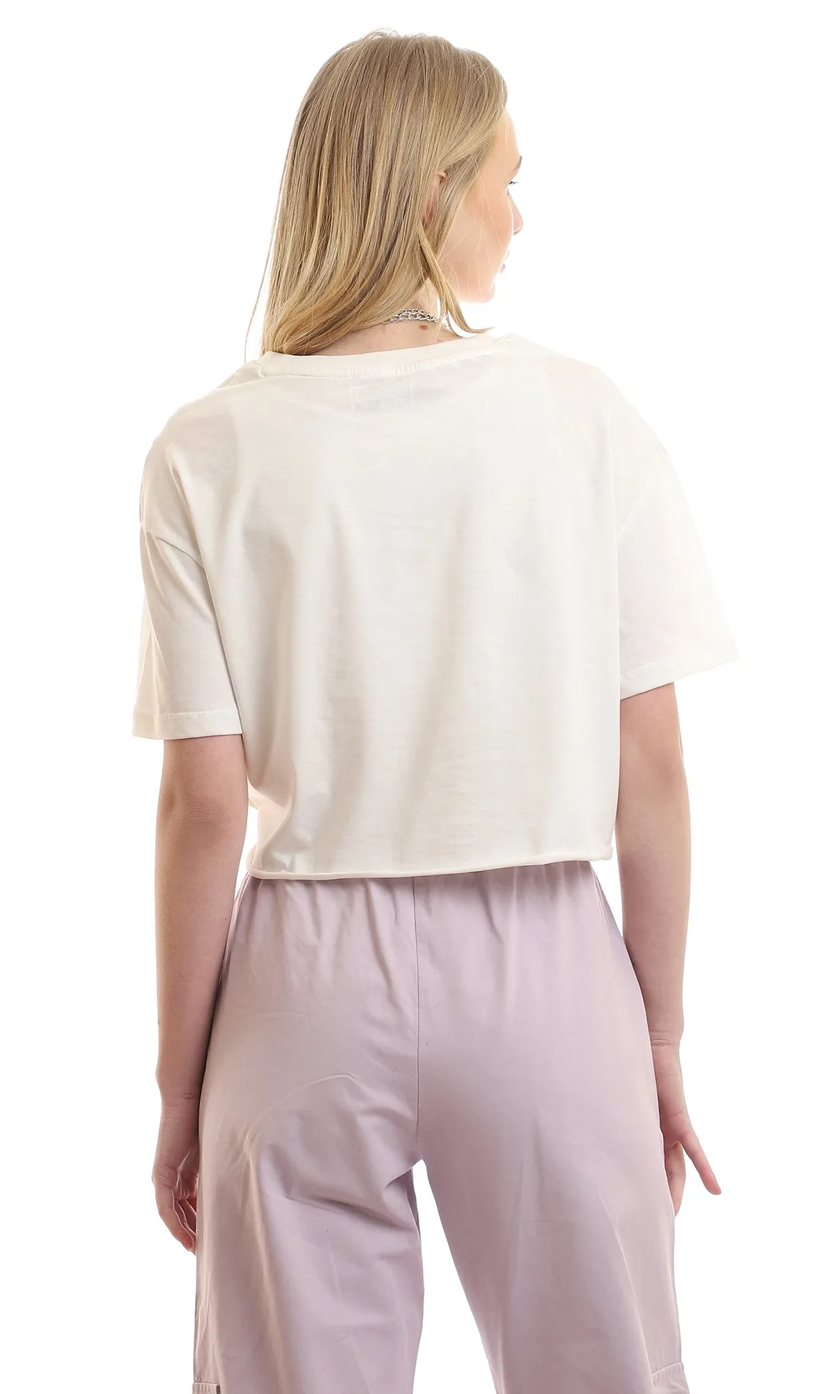 97248 Loose Plain Short Sleeves Off White Crop Tee