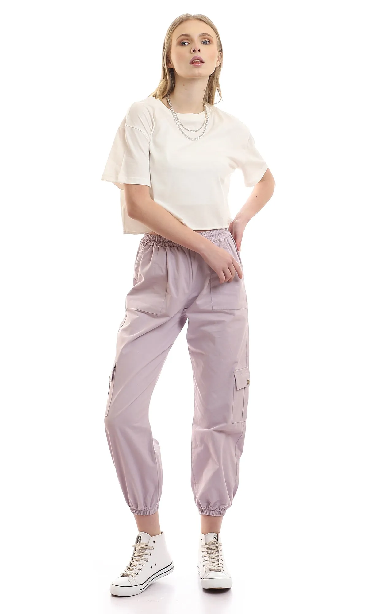 97248 Loose Plain Short Sleeves Off White Crop Tee