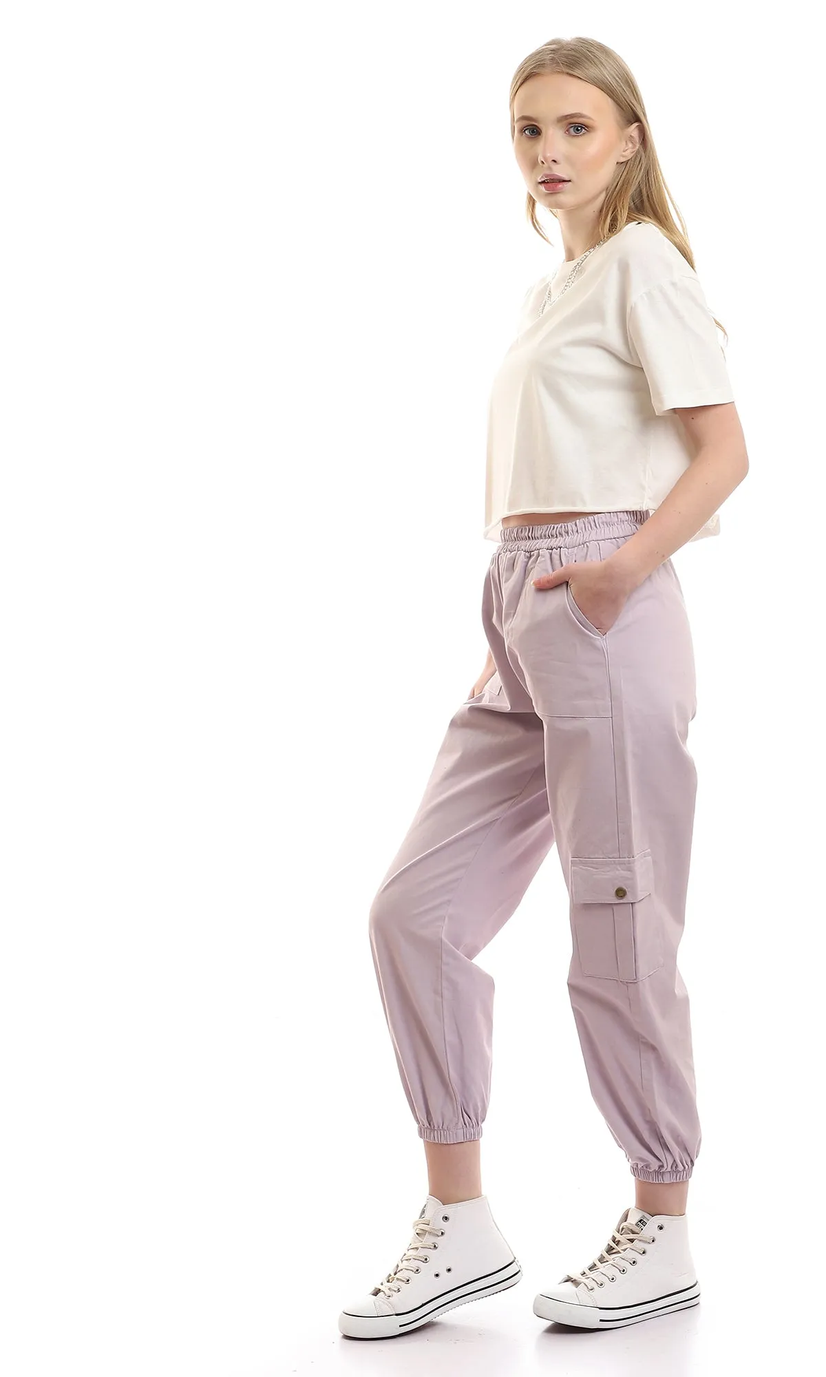 97248 Loose Plain Short Sleeves Off White Crop Tee
