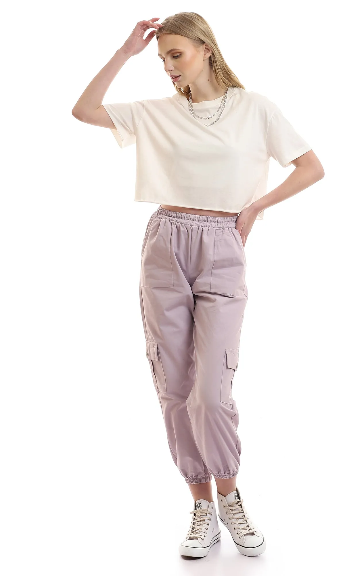 97248 Loose Plain Short Sleeves Off White Crop Tee
