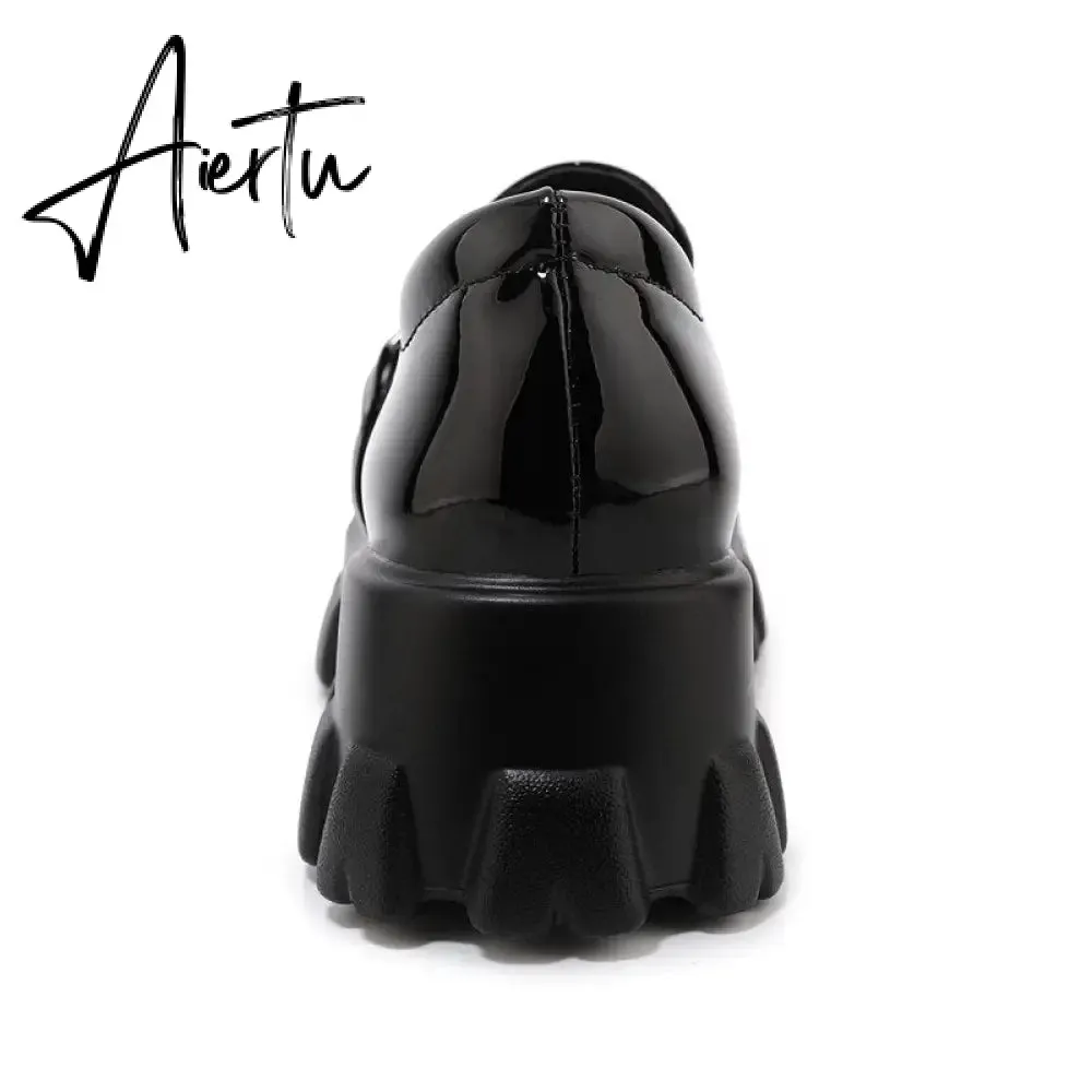 Aiertu Spring New Slip ons Shallow Shoes Women Metal Chain Buckle Platform Chunky Heels Casual Shoes Loafers 33-46 sapato feminino