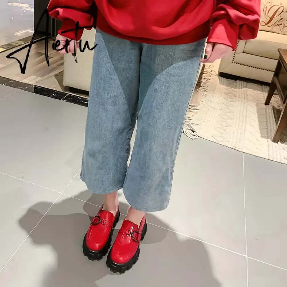 Aiertu Spring New Slip ons Shallow Shoes Women Metal Chain Buckle Platform Chunky Heels Casual Shoes Loafers 33-46 sapato feminino