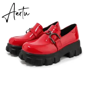 Aiertu Spring New Slip ons Shallow Shoes Women Metal Chain Buckle Platform Chunky Heels Casual Shoes Loafers 33-46 sapato feminino
