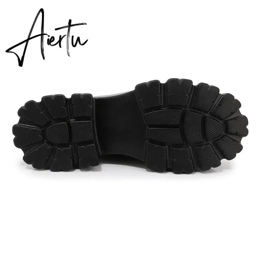 Aiertu Spring New Slip ons Shallow Shoes Women Metal Chain Buckle Platform Chunky Heels Casual Shoes Loafers 33-46 sapato feminino