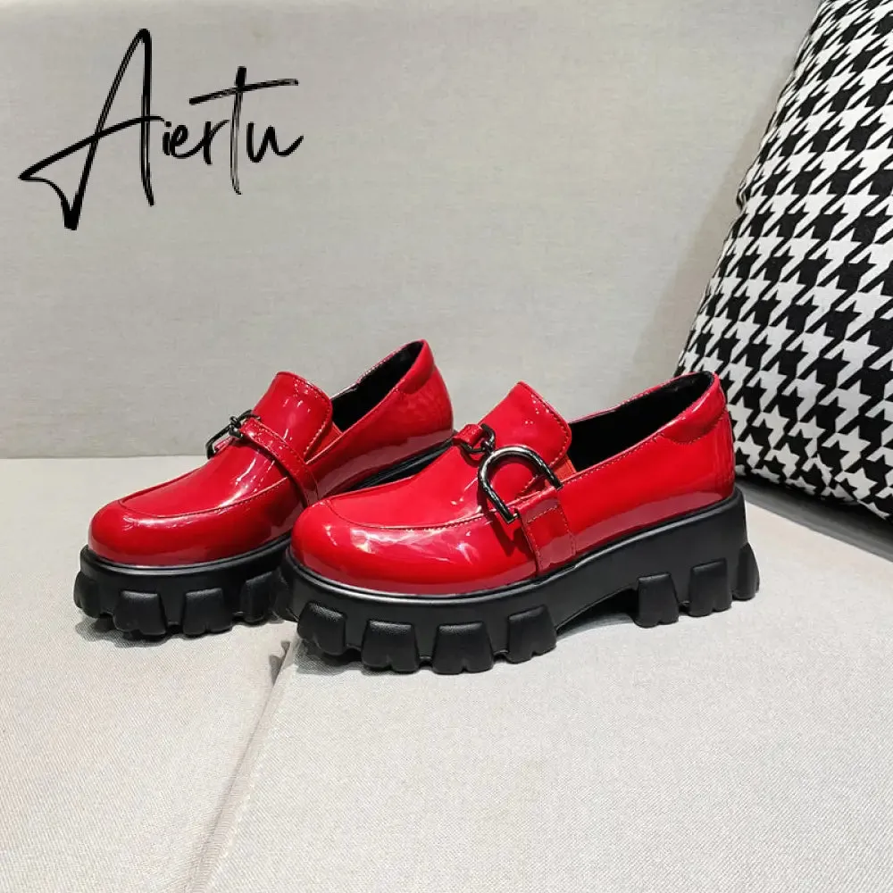 Aiertu Spring New Slip ons Shallow Shoes Women Metal Chain Buckle Platform Chunky Heels Casual Shoes Loafers 33-46 sapato feminino