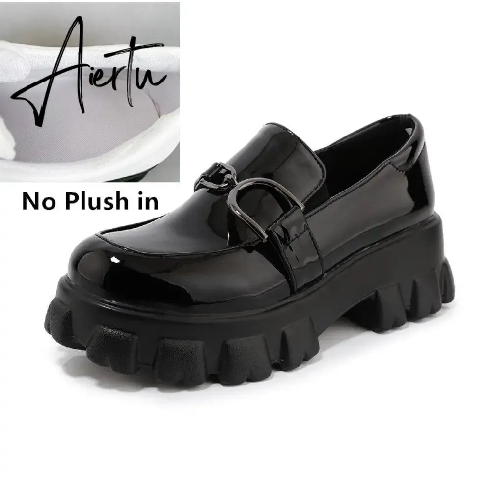 Aiertu Spring New Slip ons Shallow Shoes Women Metal Chain Buckle Platform Chunky Heels Casual Shoes Loafers 33-46 sapato feminino