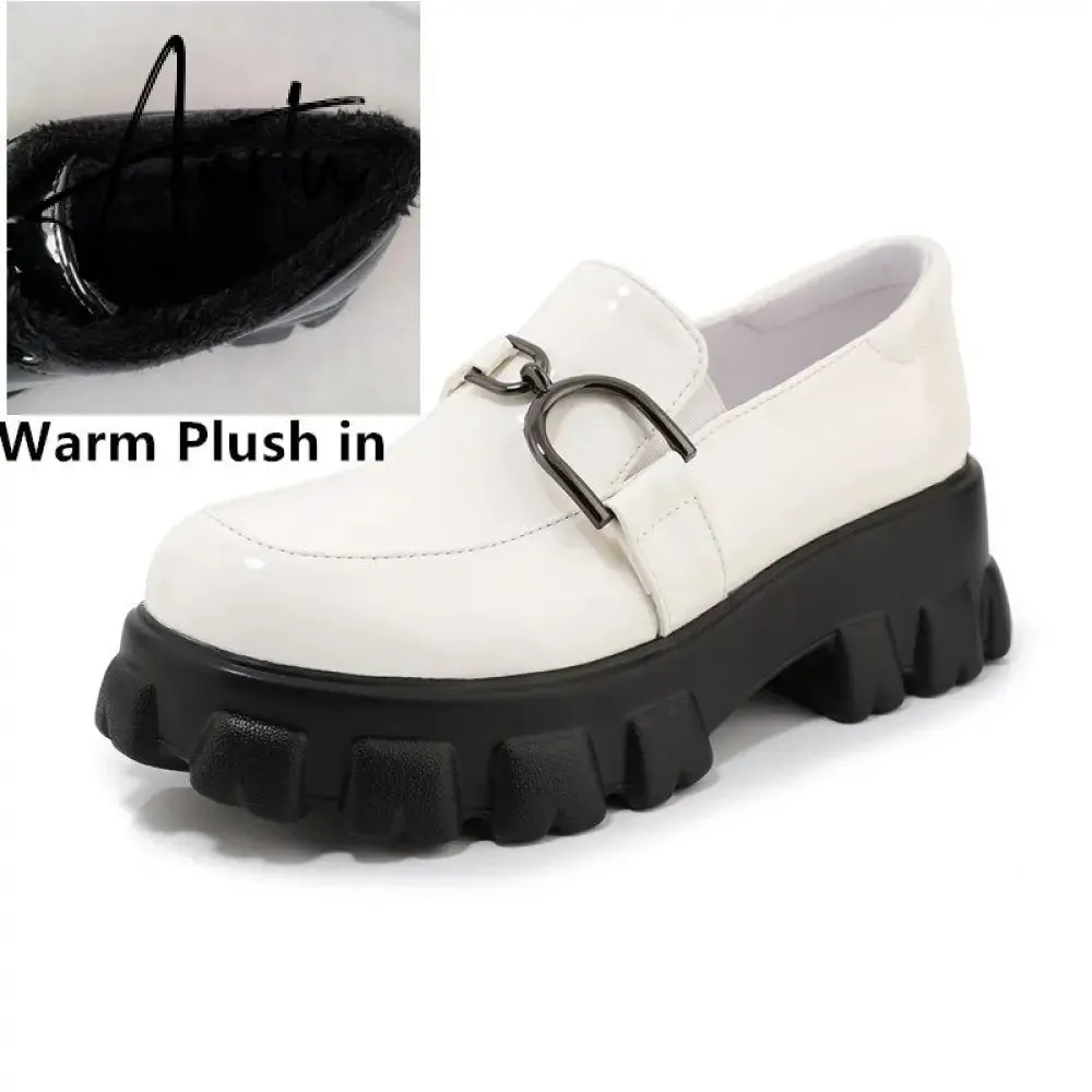 Aiertu Spring New Slip ons Shallow Shoes Women Metal Chain Buckle Platform Chunky Heels Casual Shoes Loafers 33-46 sapato feminino