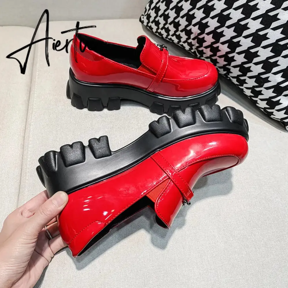 Aiertu Spring New Slip ons Shallow Shoes Women Metal Chain Buckle Platform Chunky Heels Casual Shoes Loafers 33-46 sapato feminino