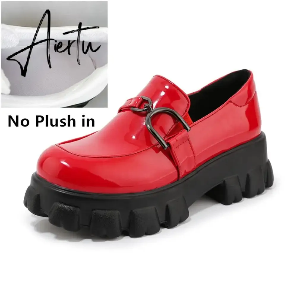 Aiertu Spring New Slip ons Shallow Shoes Women Metal Chain Buckle Platform Chunky Heels Casual Shoes Loafers 33-46 sapato feminino