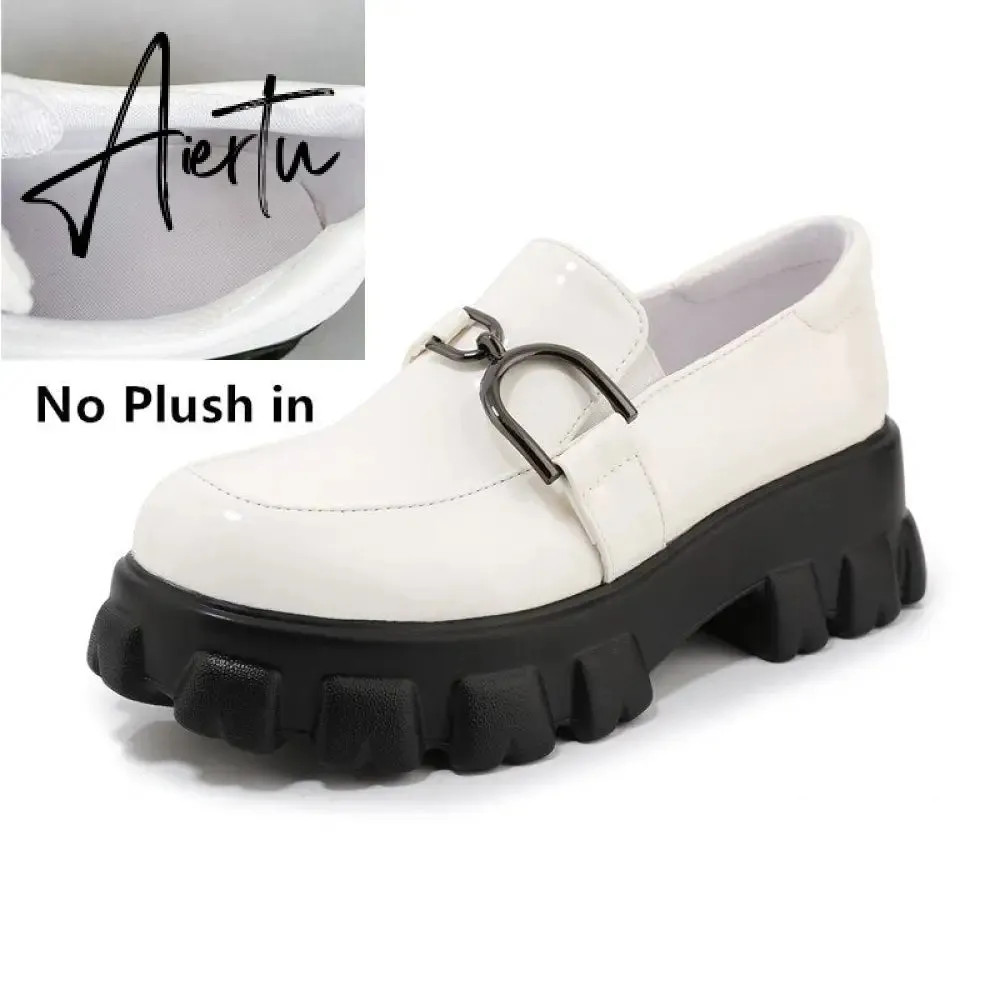 Aiertu Spring New Slip ons Shallow Shoes Women Metal Chain Buckle Platform Chunky Heels Casual Shoes Loafers 33-46 sapato feminino