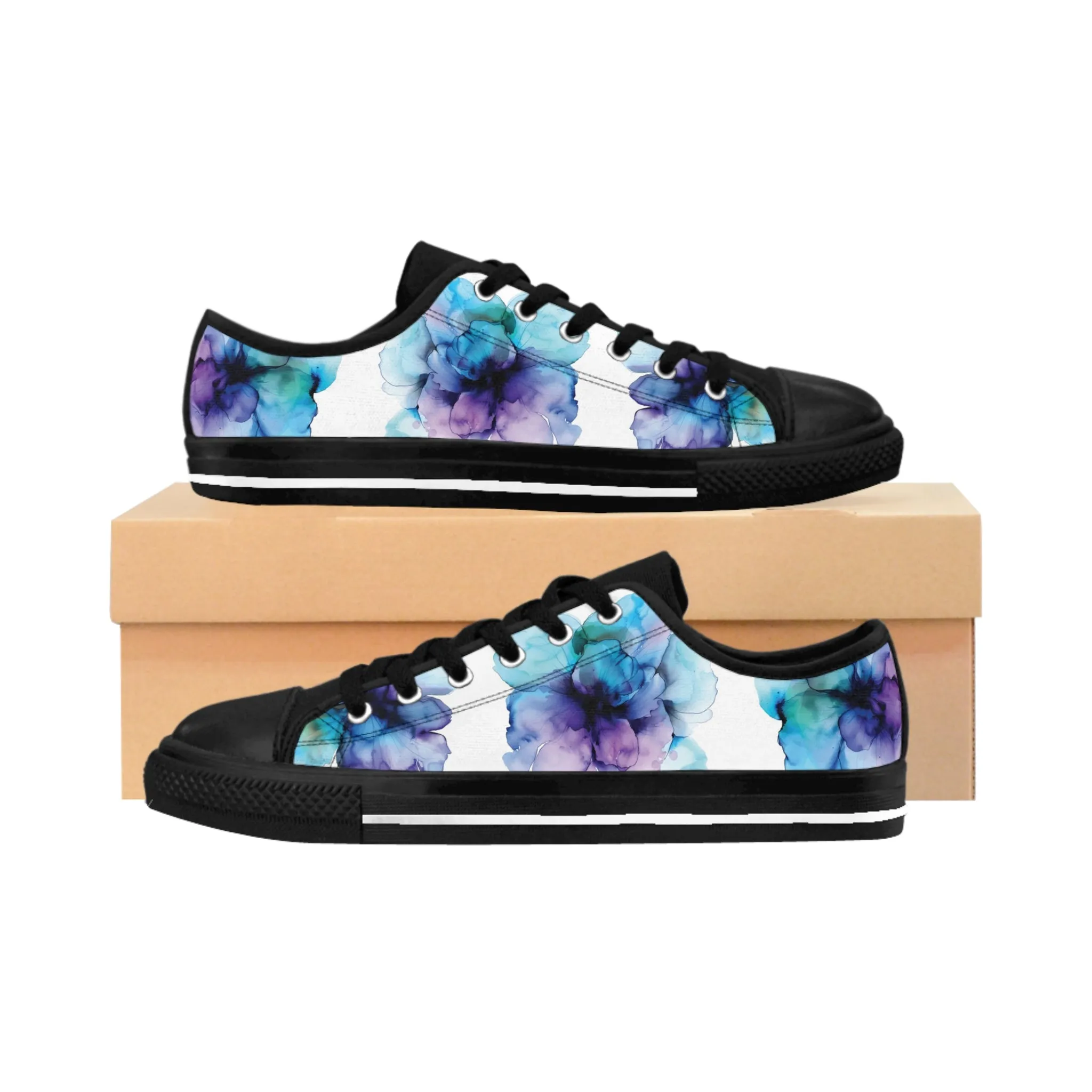 Blue and Purple Watercolor Flowers Women's Sneakers