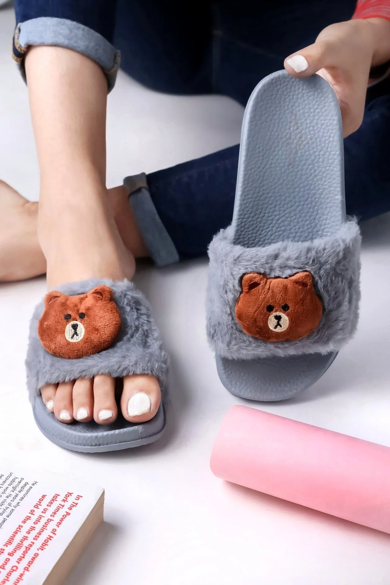 Brauch Women's Grey Fur Bear Slides