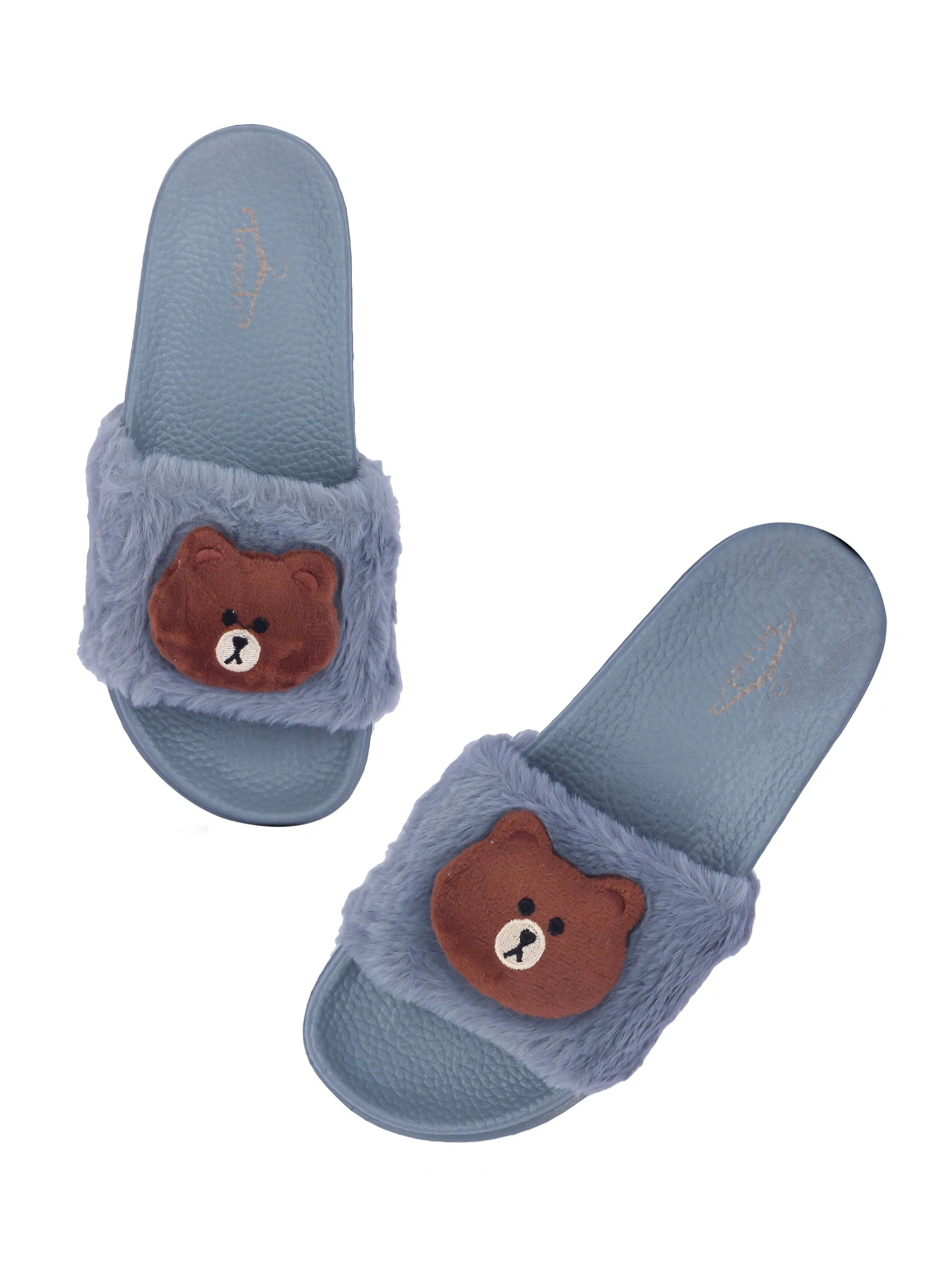 Brauch Women's Grey Fur Bear Slides