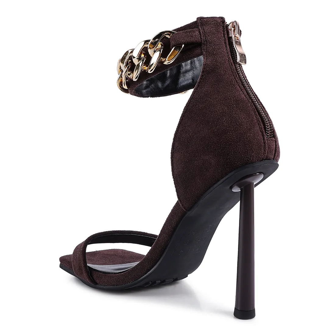 Brown Heeled Chain Strap Sandal