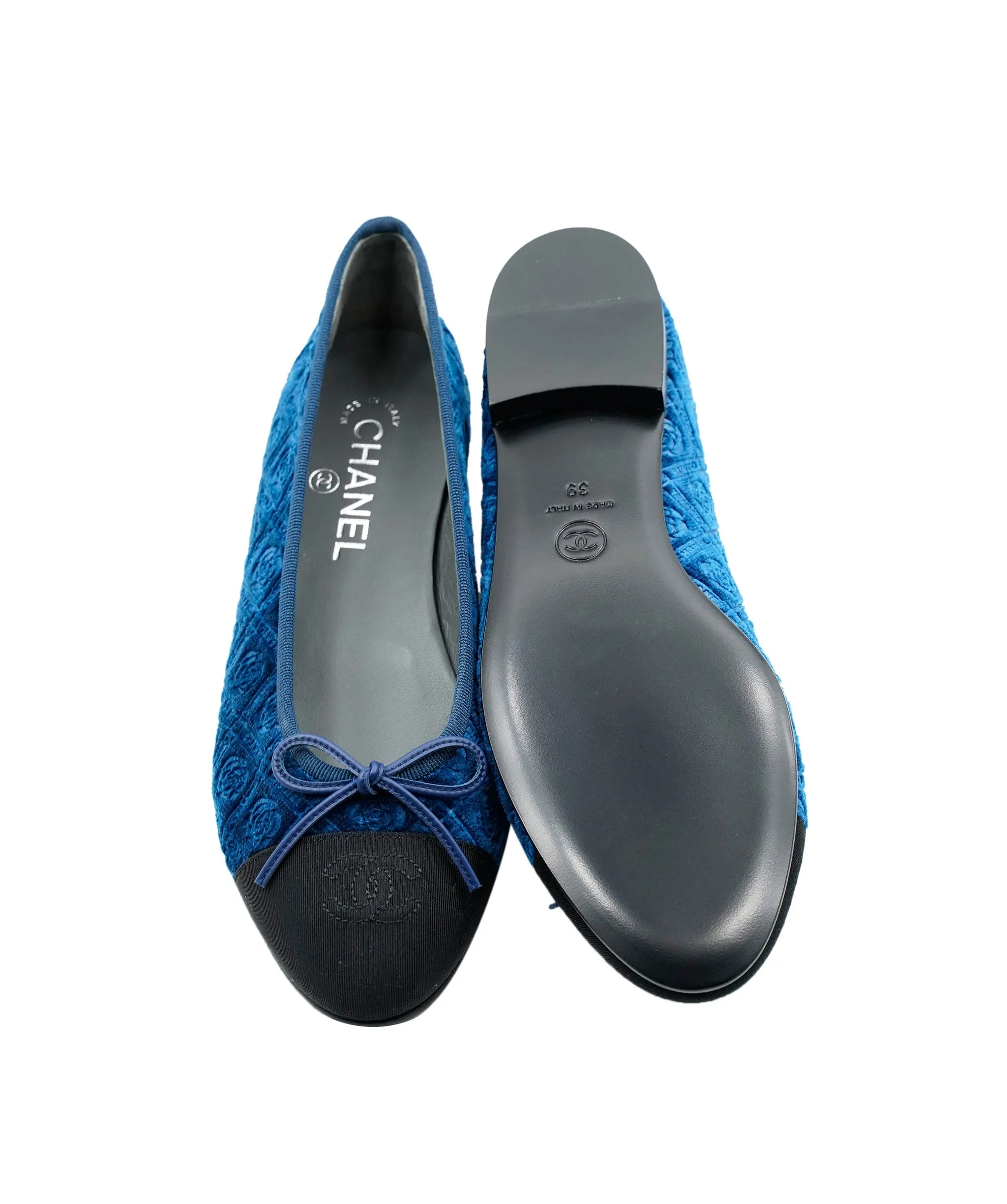 Chanel Velvet Navy Camellia Loafers with box size 39 - AWC2226