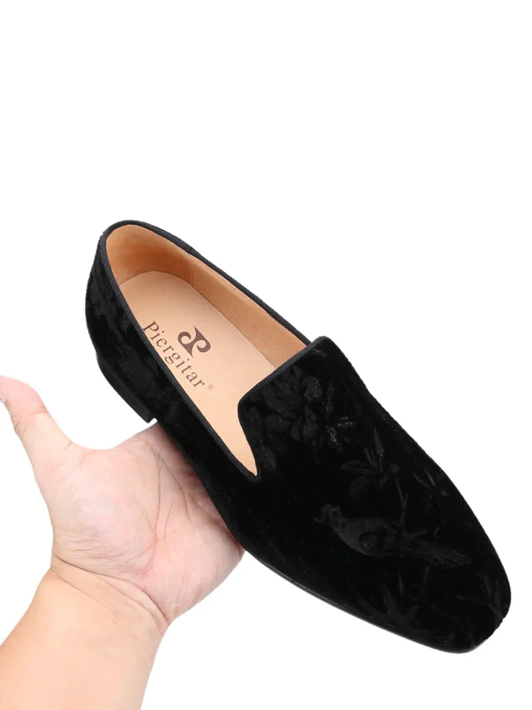 Chinese style embossed velvet loafers for men, one-on-one British style formal square toe slip-on shoes for men