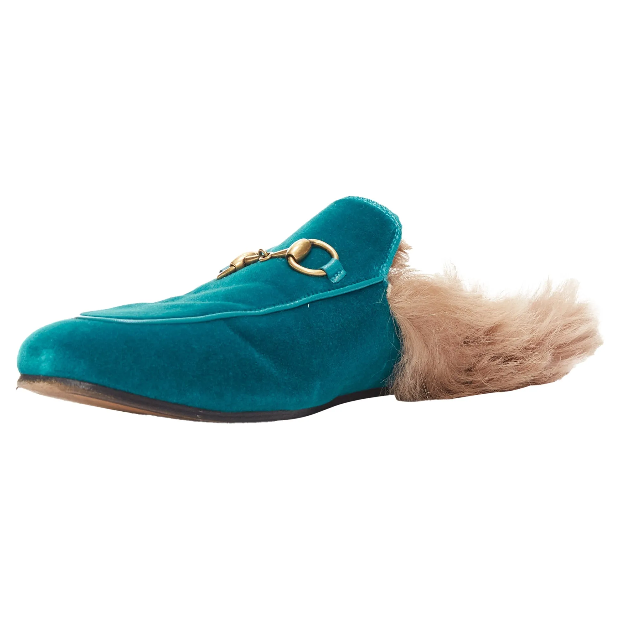 Gucci Princetown velvet horse bbuckle fur lined slide loafers
