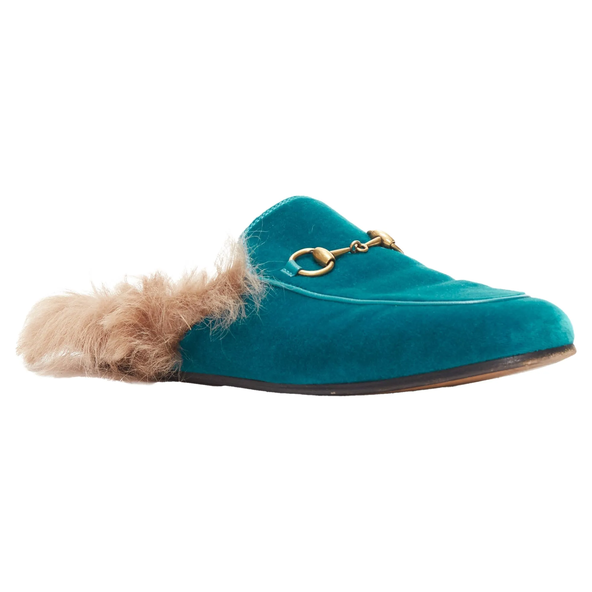 Gucci Princetown velvet horse bbuckle fur lined slide loafers