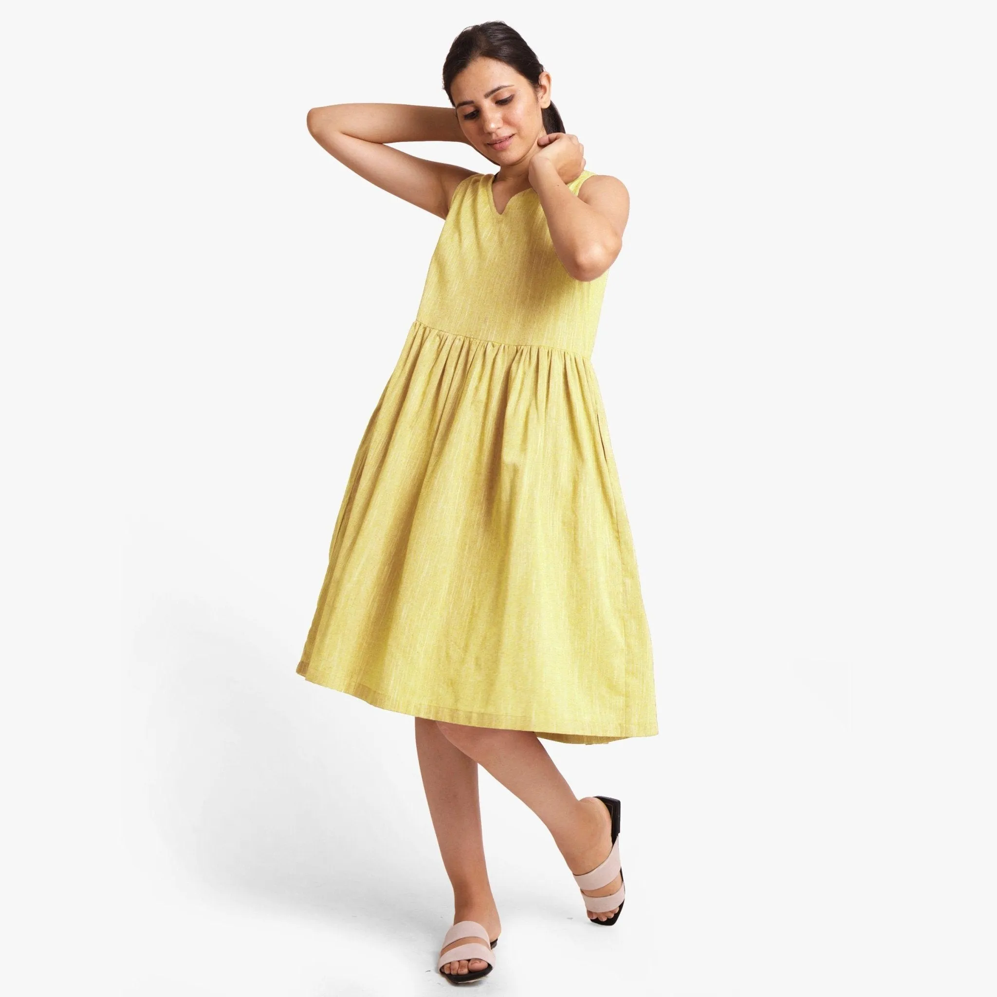Lemon Yellow Yarn Dyed Cotton Yoked Knee Length Dress