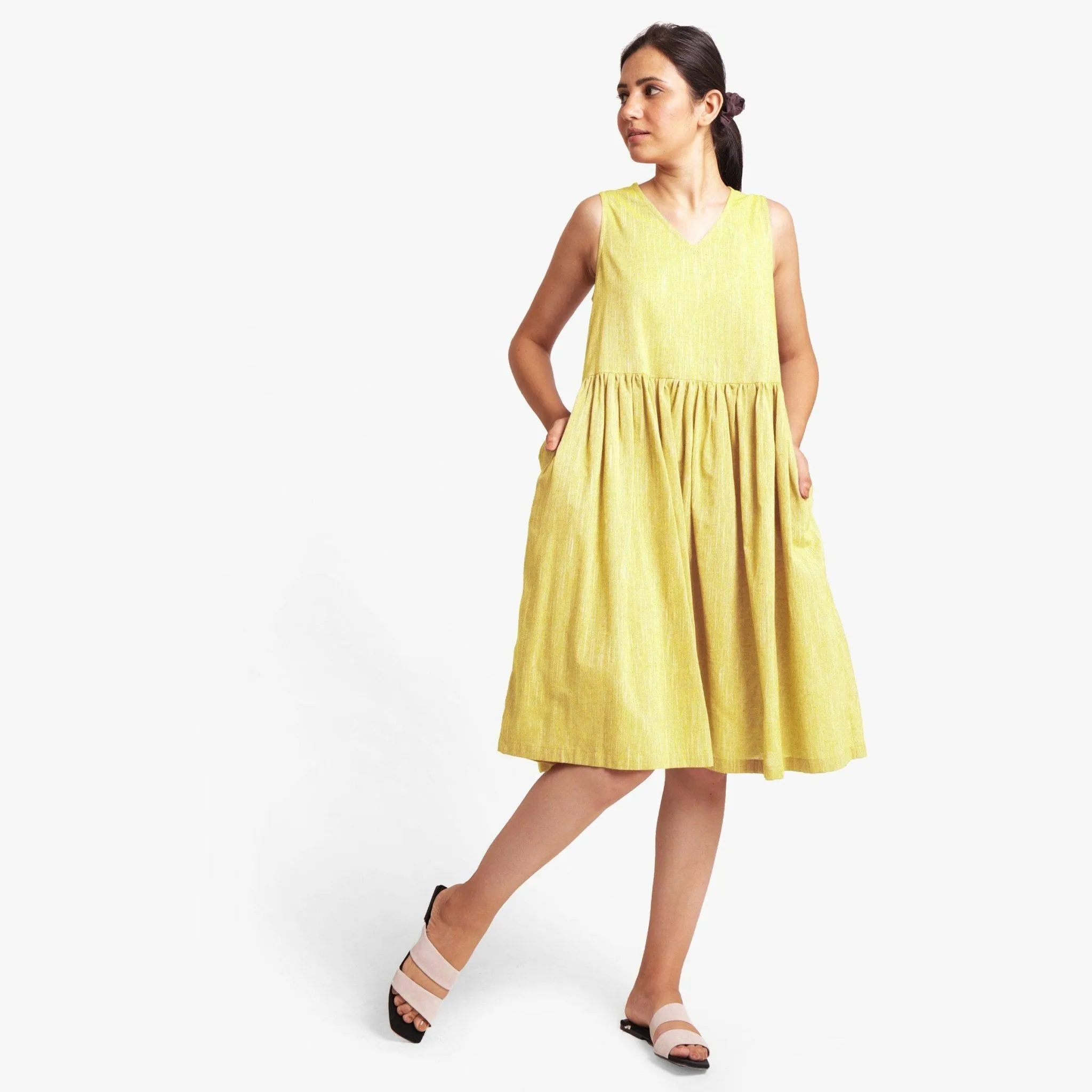Lemon Yellow Yarn Dyed Cotton Yoked Knee Length Dress