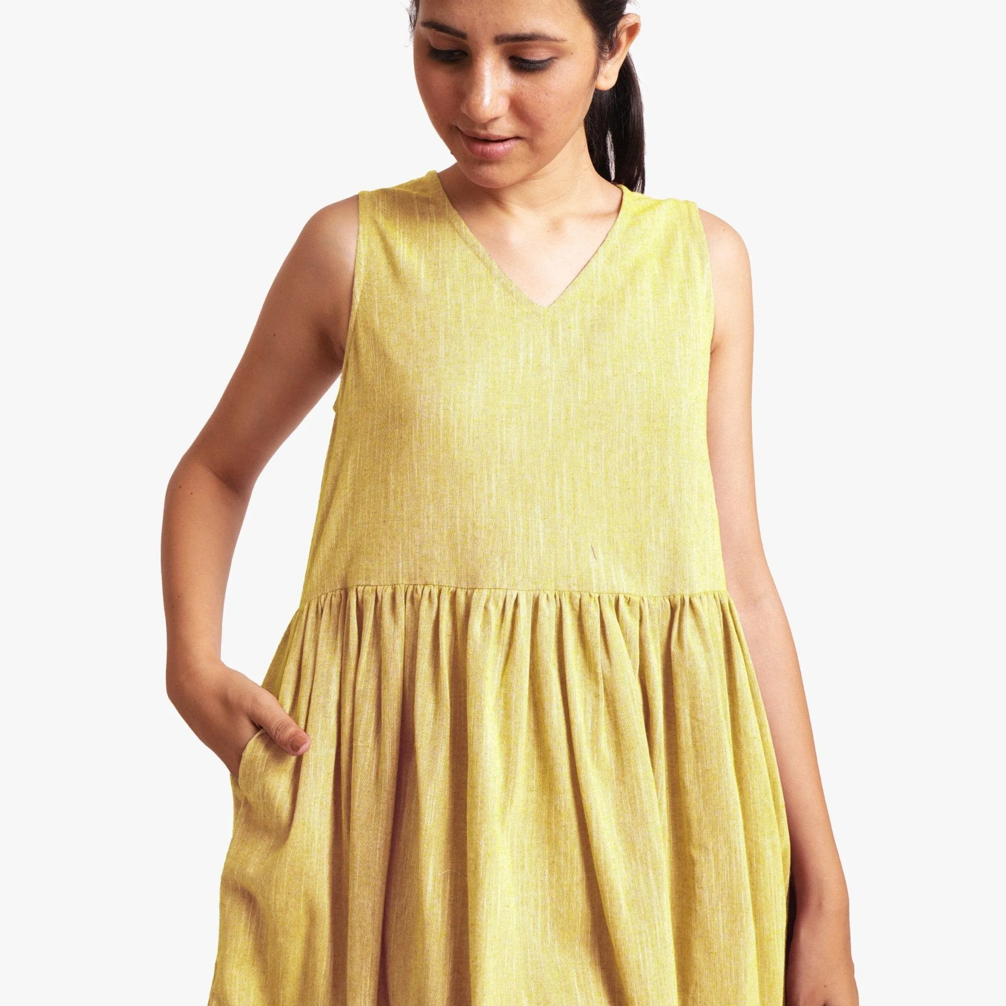 Lemon Yellow Yarn Dyed Cotton Yoked Knee Length Dress