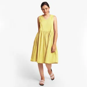 Lemon Yellow Yarn Dyed Cotton Yoked Knee Length Dress
