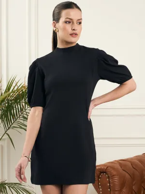 Noi Women Black Solid With Puff Sleeves Knited Short Dress