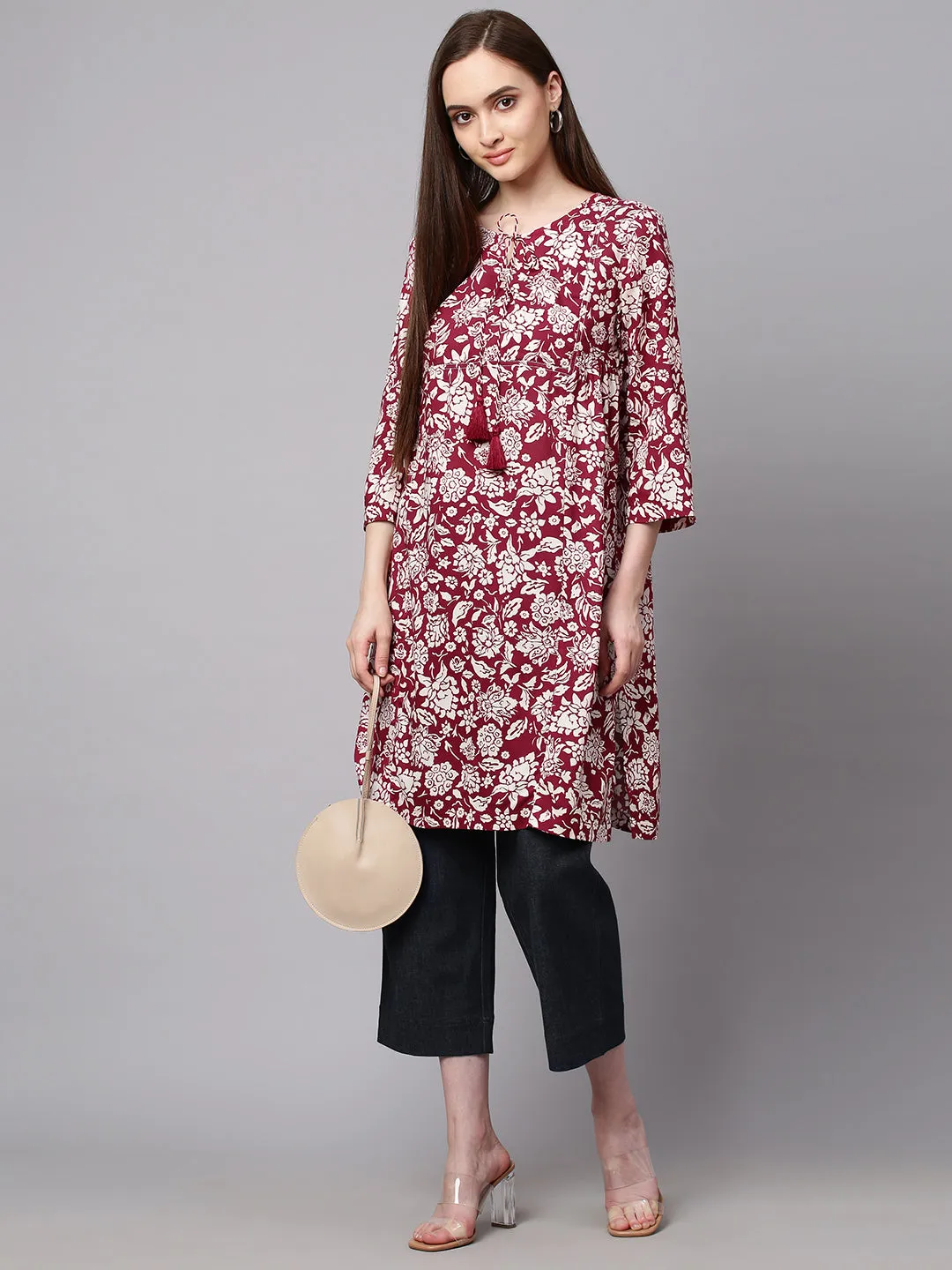 Printed Rayon & Denim Kurta Set