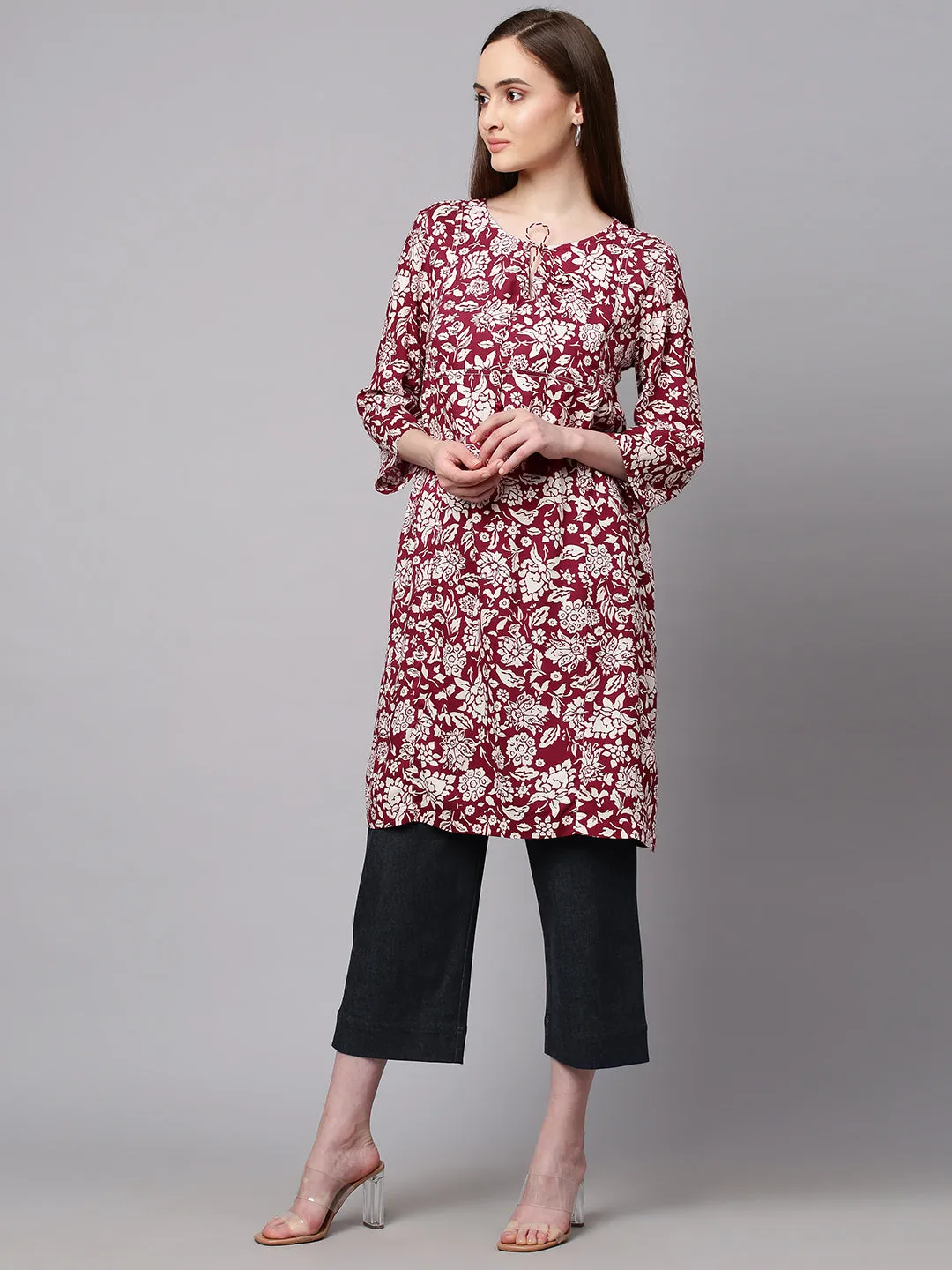 Printed Rayon & Denim Kurta Set