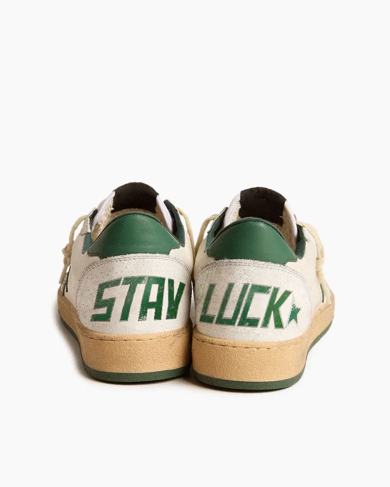 Stay Luck White Nappa Leather Sneakers with Green Leather Star and Heel Tab
