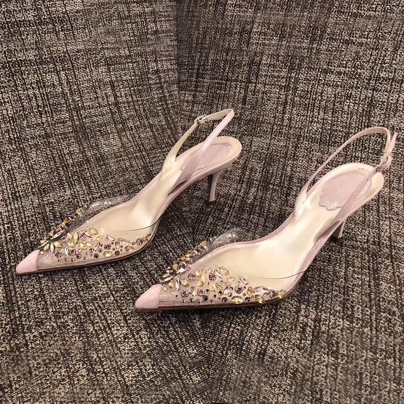 xiangtuibao Shallow Pumps Spring  New PVC Crystal Fashion Buckle Strap  Women's Shoes Elegant Pointed Toe Thin Heels Wedding